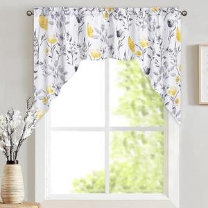 Likiyol Floral Swag Curtains Watercolor Flower Leaves for Kitchen Swag Curtain, Yellow and Gray Swag Valances, Rod Pocket Small Window Curtain for Cafe Bathroom Bedroom Drapes 60"W x 36"L