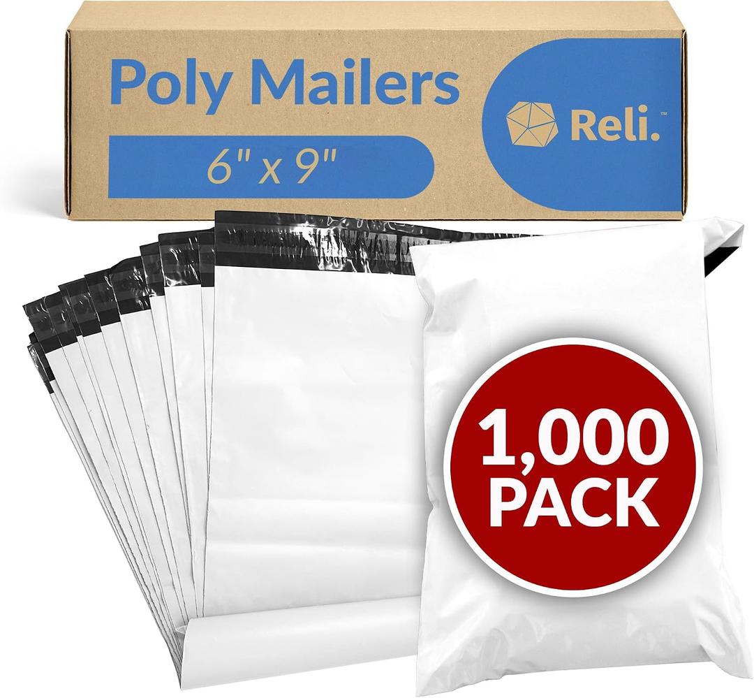 Reli. Poly Mailers 6x9 | 1000 Pcs Bulk | Small Mailing Envelopes/Shipping Bags | White Packaging Bags for Shipping | Non-Padded Poly Mailers | Self Sealing for Small Items, Bulk (White)