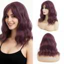 Short Bob Wig with Bangs 16 Inch Shoulder Length Loose Curly Wavy Synthetic Wig Colorful Cosplay Costume Wigs for Women & Girls (Wine Purple)