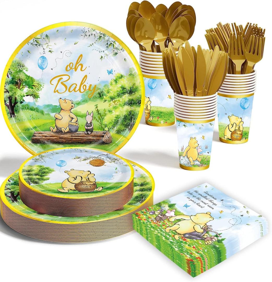 175pcs Vintage Winnie Bear Baby Shower Pooh Decorations Birthday Party Supplies Tableware Set (25 Guest)With Paper Plates Cups Napkins Cutlery for Boy Girl Newborn Birthday Party Dinnerware Decoration