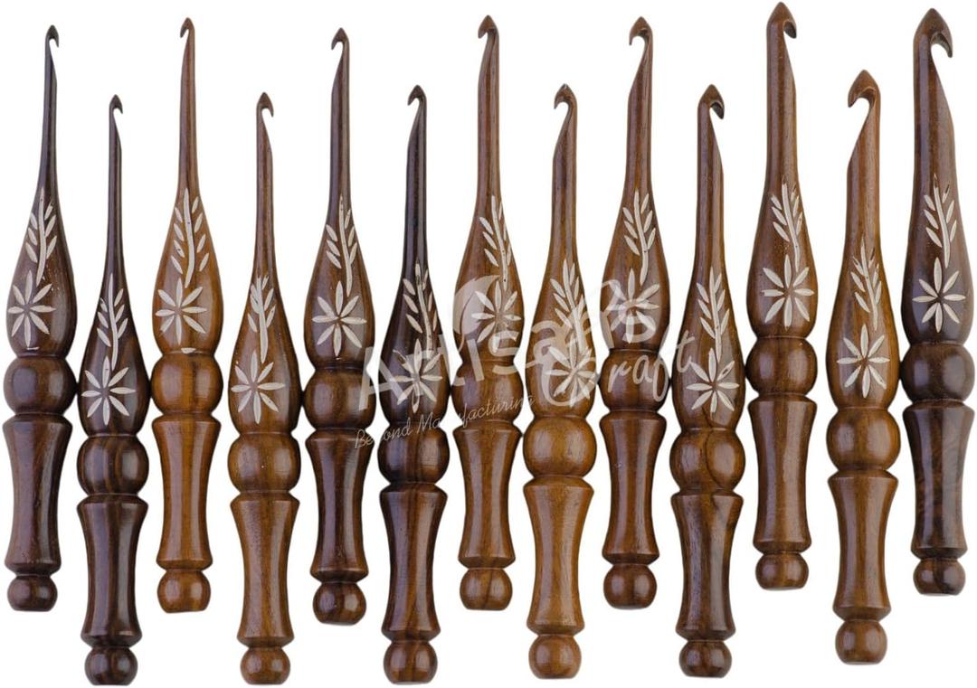 Crochet Hooks Set of 133.5mm to 12mm  Hand Carved Wooden Hook with Leaf Design  Ergonomic Soft Grip for Arthritic Hands  Crochet Accessories (Set of 13)