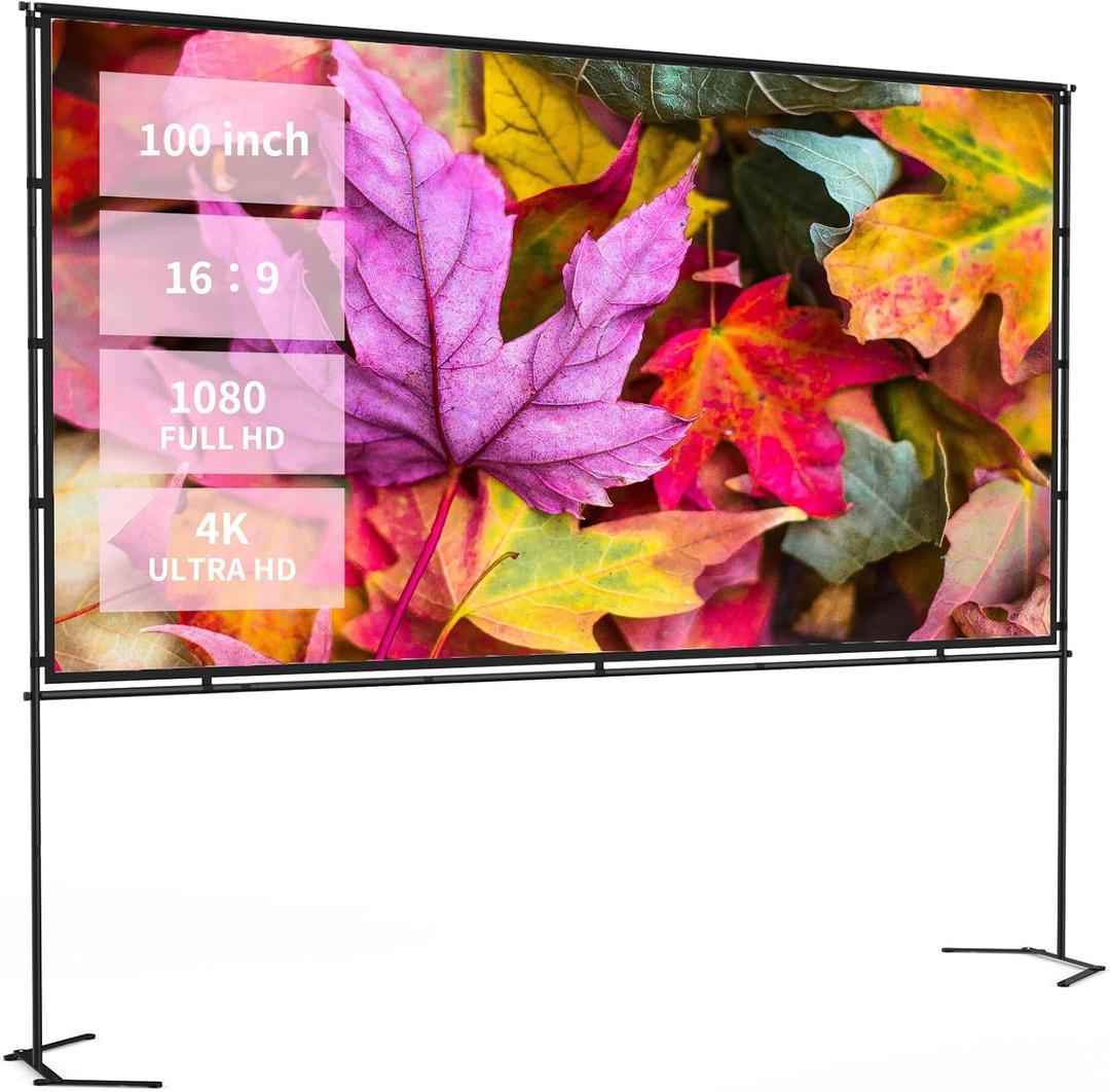 100-inch Portable Projector Screen with Stand | 16:9 HD 4K Wrinkle-Free Indoor/Outdoor Screen for Home Cinema, Backyard Movies & Camping