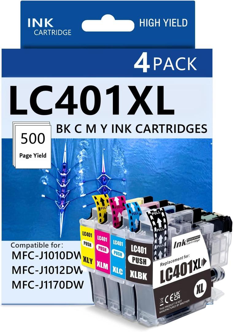 4 Pack 401XL Ink Cartridges Compatible with Brother LC401XL LC401 MFC-J1010DW Ink Cartridges for MFC-J1010DW MFC-J1170DW MFC-J1012DW MFC-J1800DW Printer High Yield Black Cyan Magenta Yellow Ink Tanks