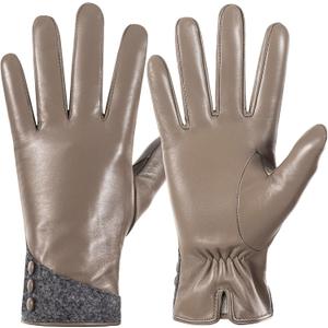 QOF Winter Genuine Leather Gloves for Women, Cashmere Warm Lined Finger Touchscreen Texting Driving Gloves (Brown, M)