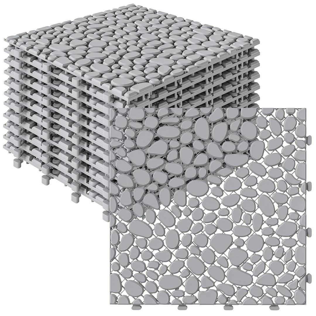 Rovibek 12PCS Plastic Interlocking Deck Tiles, 12"x12" Plastic Deck Tiles Outdoor All Weather, Non-Slip Drainage Plastic Floor Tiles, Waterproof Tile for Patio Bathroom Balcony Backyard, Pebble Gray