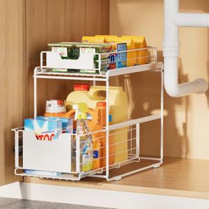 Under Sink Organizer, Pull-out Kitchen Bathroom Organizer Spice Rack with Sliding Drawer 2 Tier Cabinet Organizers for Food Storage Room Makeup