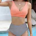 Women's High Waisted Bikini Sets V Neck Twist Front Ruched Bathing Suit Padded Lace Up Back Two Piece Swimsuit (S)