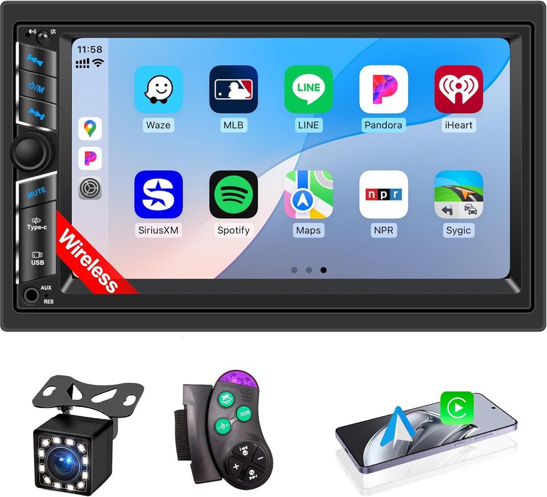 7'' Double Din Car Stereo with Wireless Apple CarPlay & Android Auto, Car Audio Receivers, IPS Touch Screen FM Radio, Mirror Link, Bluetooth 5.2, SWC, HD Backup Camera, GPS Navigation, TF/USB/AUX