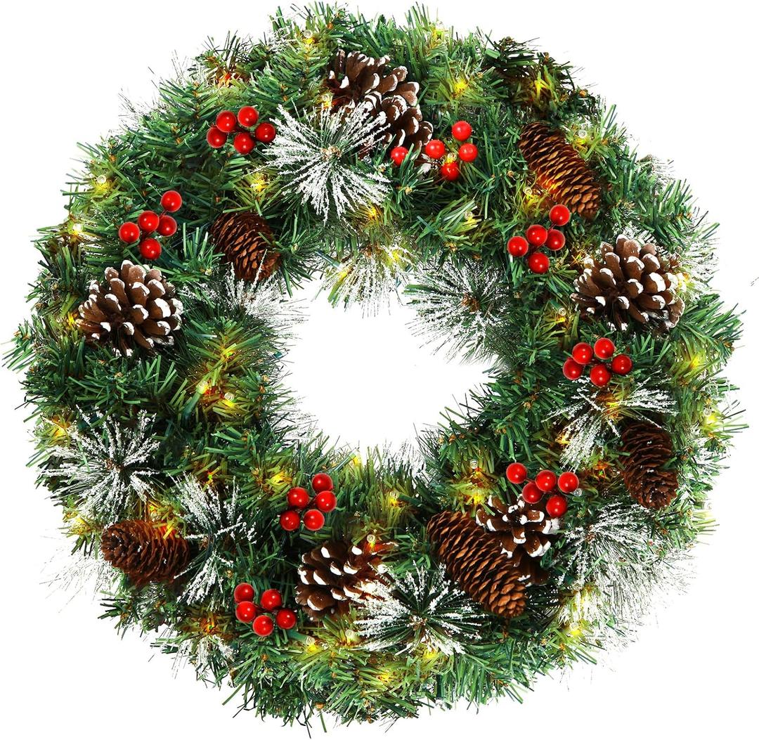 Christmas Wreath,Pre-Lit Artificial 18 Inch Christmas Wreaths for Front Door with Pine Cones,Berries,Christmas Wreath with Lights,8 Modes 50 LED Lights for Outdoor Indoor Decorations