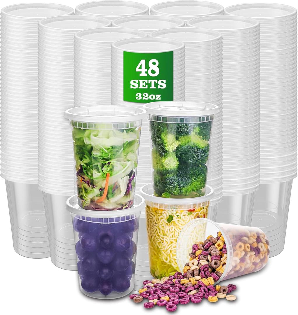 Plastic Deli Containers with Lids, 48 Sets 32oz Leakproof Soup Storage Containers for Restaurant, Round Takeout Deli Cups for Food Slime Meal Prep Leftover, BPA Free, Microwave/Freezer Safe