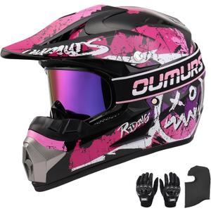 OUMURS DOT Adult ATV Dirt Bike Helmet with Goggles Gloves & Mask Adjustable Sun Visor Motorcycle Adult Helmet Off-Road Motocross Downhill Moped MX for Unisex-Adult OUMURS 125A-Matte Black