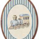 Vintage Classic Train Nursery Oval Wall Art, Blue Stripe Canvas Prints Framed, Farmhouse Retro Decor Wall Art Hanging Decor for Kids Toddler Room Playroom Decoration, 8.6x11.4 Inch