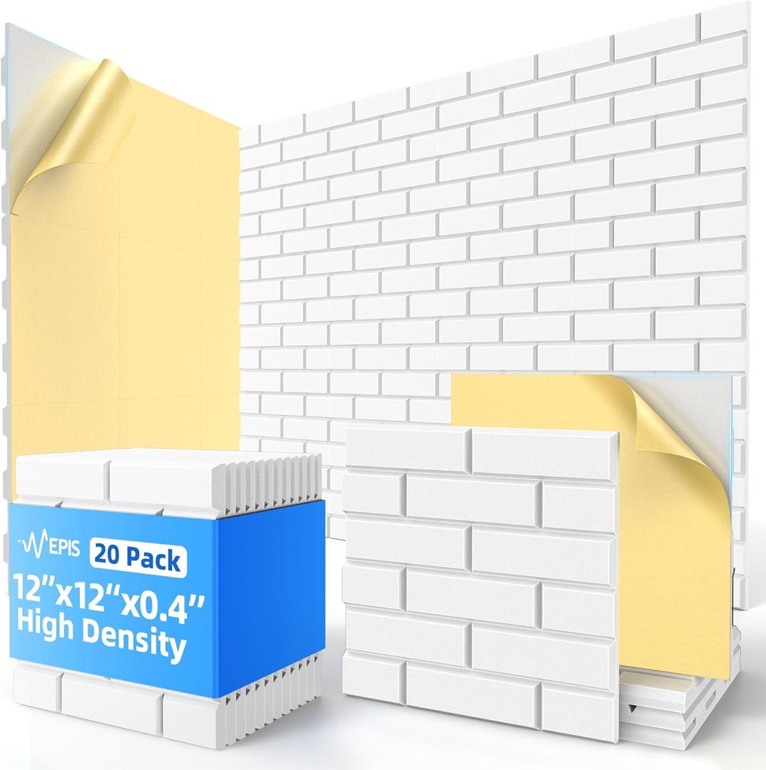 20 Pack Acoustic Panels with Self Adhesive, 12" X 12" X 0.4" High Density Sound Proof Foam Panels for Walls, Soundproof Wall Panels, Brick Sound Absorbing Panels for Home Studio Office Decor - White 20 Pack Acoustic Panels with Self Adhesive, 12" X 12" X 0.4" High Density Sound Proof Foam Panels for Walls, Soundproof Wall Panels, Brick Sound Absorbing Panels for Home Studio Office Decor - White