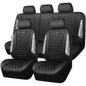 CAR PASS Bling Diamond Leather Car Seat Covers Full Seats Interior Sets, Waterproof Shining Glitter Sparkly Crystal Universal Armrest Fit Automotive Truck SUV Cute Women Girl, Black Silver Rhinestone Blac