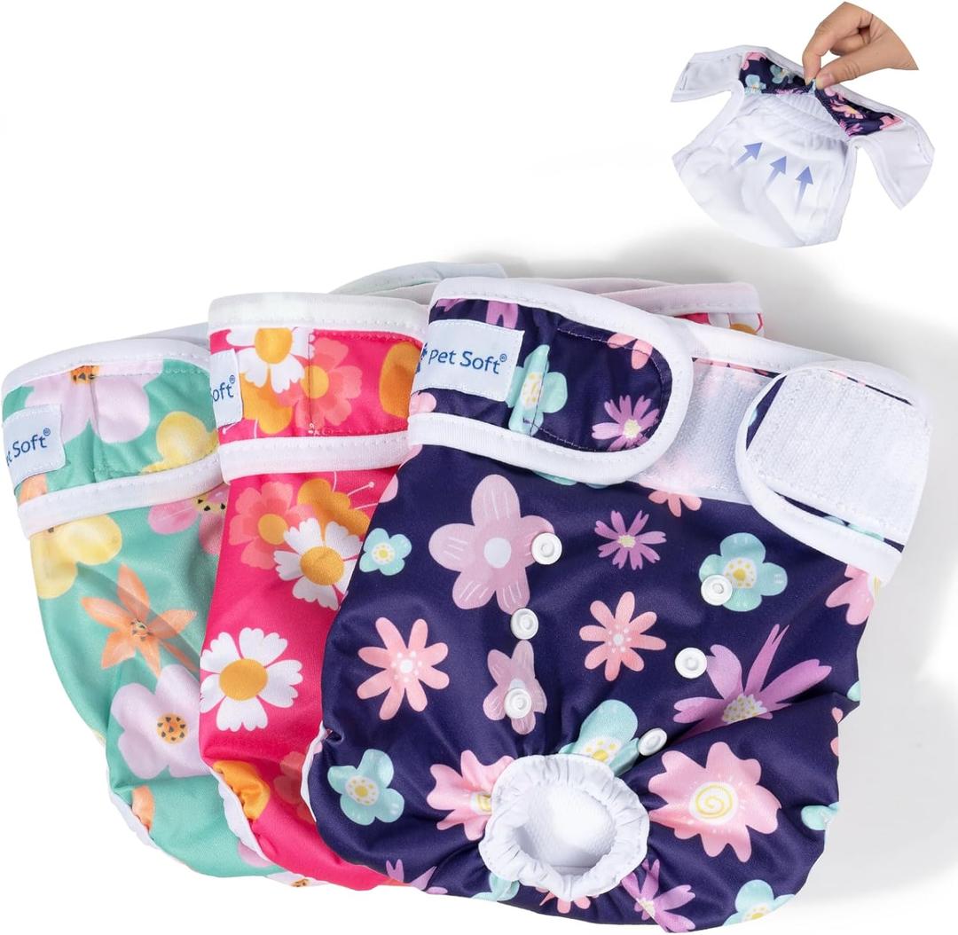 Pet Soft Washable Female Diapers (3 Pack) Female Dog Diapers, Comfort Reusable Doggy Diaper for Girl Dog in Period Heat (Cute Flower, M)