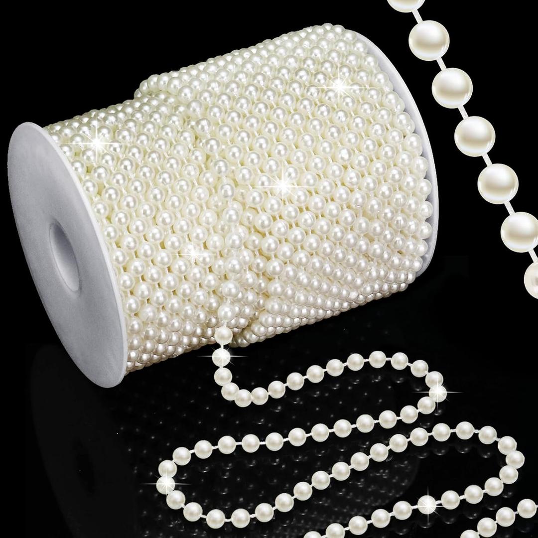 99 Feet 6mm Pearl Strings Garland for Crafts, Artificial Pearl Beaded Trim Chain Roll Strands for Wedding Centerpieces Bouquet Party Decoration Christmas Tree Garland, Ivory
