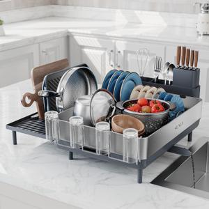 SUNLY Large Dish Drying Rack, Expandable Dish Racks for Kitchen Counter, Space Saving 304 Stainless Steel Drying Rack Kitchen, Extra Large Drainer with Multifunctional Flip Up Pegs, Gray