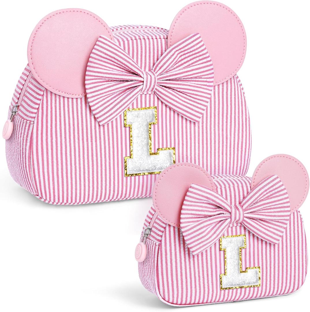 Gifts for Girls, Personalized Initial Makeup Bag Birthday Gift for 4 5 6 7 8 9 10 11 12 13 Years Old Girl Kids Pink Initial Cosmetic Travel Toiletry Bag for Girls Sister Daughter Pink L