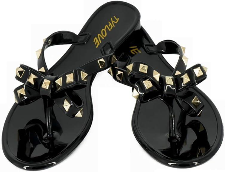 TYFLOVE Women Rivet Flip Flops Studded Jelly Thong Sandals with Bow Summer Bowtie Flat Beach Rain Shoes Size 4