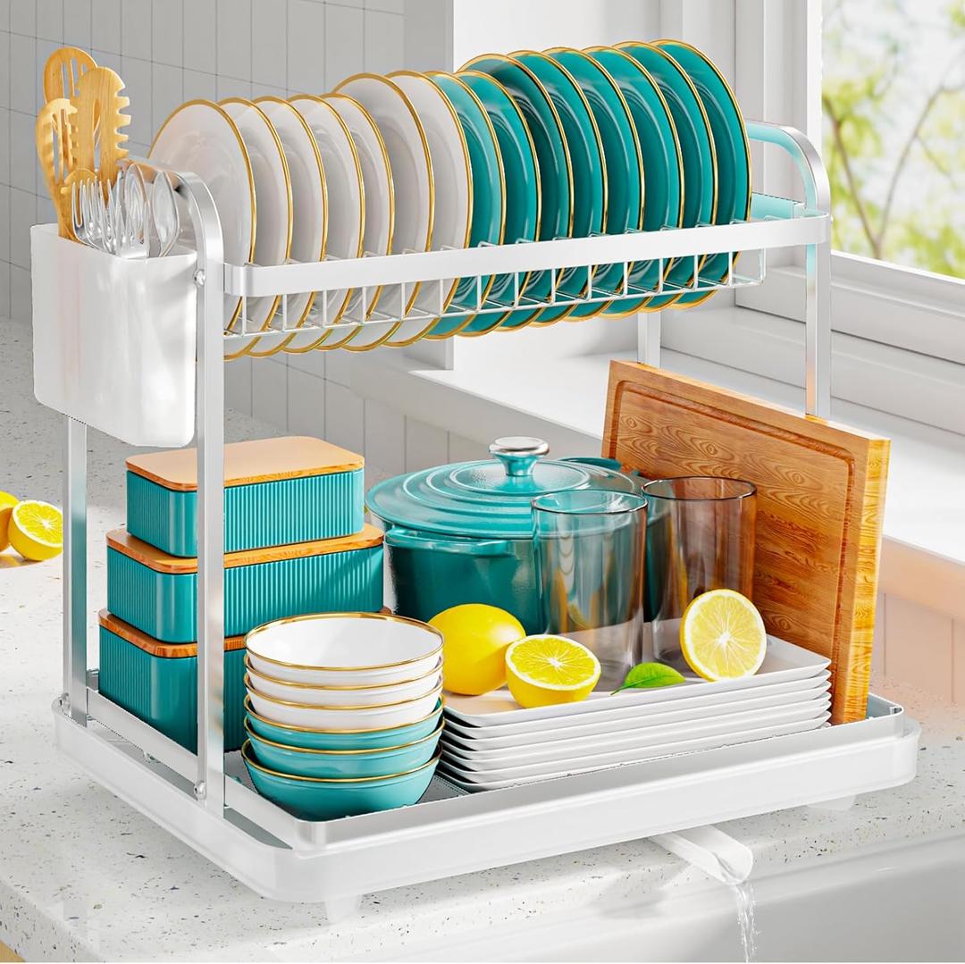 2-Tier Dish Drying Rack - Stainless Steel Dish Rack with Cutlery & Utensil Holders for Kitchen Counter, Sink Organization and Storage for Small Family, 15" W x 11.4" L x 15" H, Silver