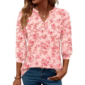 Rapbin 3/4 Length Sleeve Womens Tops 2025 Summer Fall Henley V Neck Button Down Tunic Shirts Casual Business Blouses (Medium, Beige Red Flower)