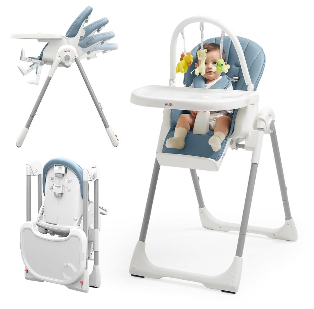 KB 3-in-1 Foldable Baby High Chair, 7 Height & 4 Recline Adjustable Seat & Tray for Easy Clean, 2 Locking Wheels, Multifunctional Infant High Chairs for Babies and Toddlers (Blue, with Toys)