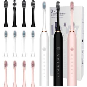 3 Pack Electric Toothbrush with 6 Modes, Rechargeable Toothbrushes with 12 Brush Head, Fast Charge 2 Min and 30s Timer Toothbrush