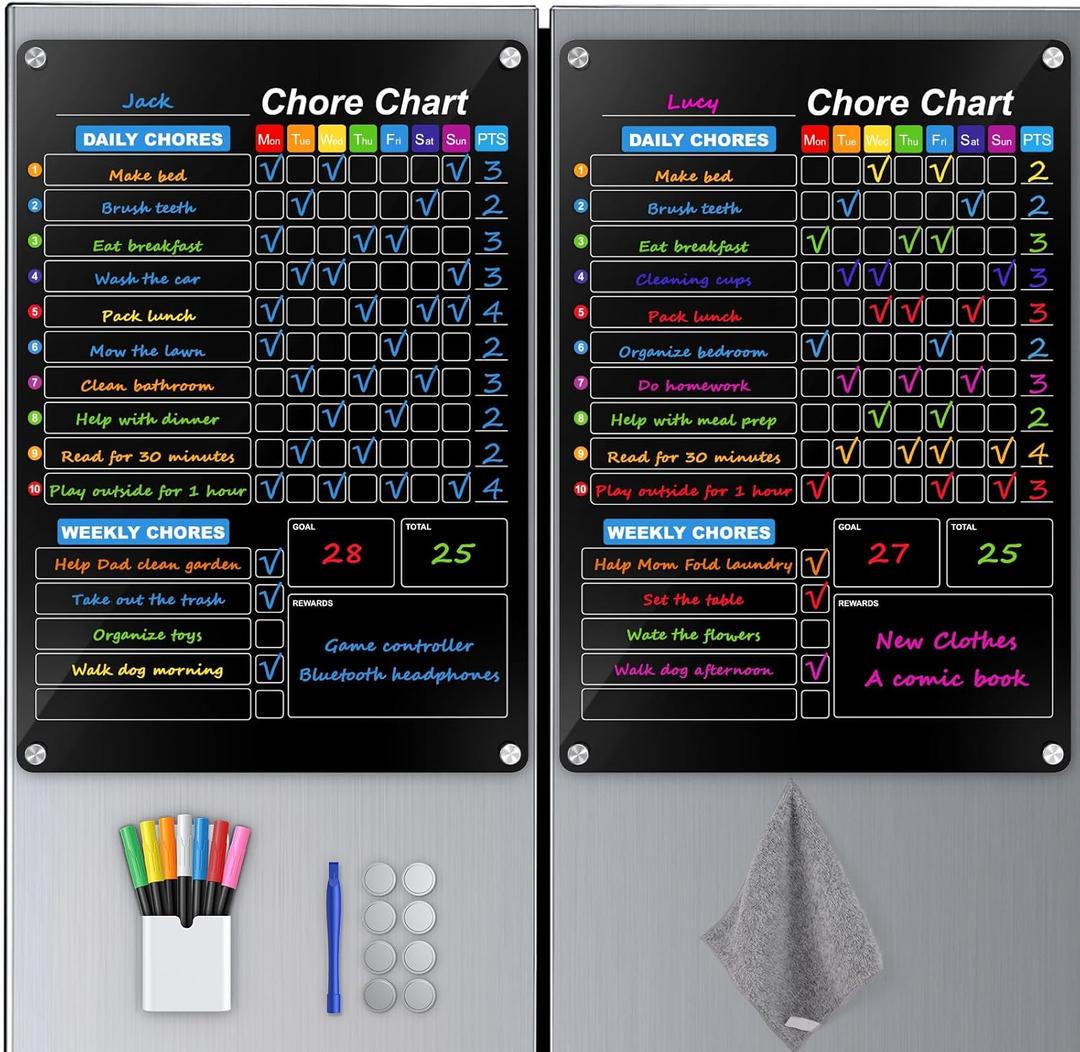 2-Pack Acrylic Magnetic Chore Chart for Kids, 12"x16" Daily/Weekly Easy-Check Reward Responsibility to Do List, Fridge Dry Erase Board for Multiple Kids Teens Adult Family with 7 Markers (Black)