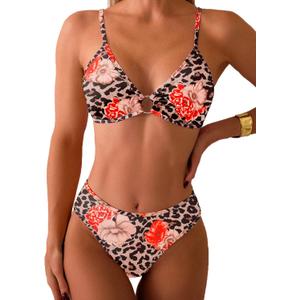 Fanuerg Women's Triangle Bikini Sets O Ring Linked Two Piece Swimsuits Floral Printed Cheeky Bathing Suit, Large