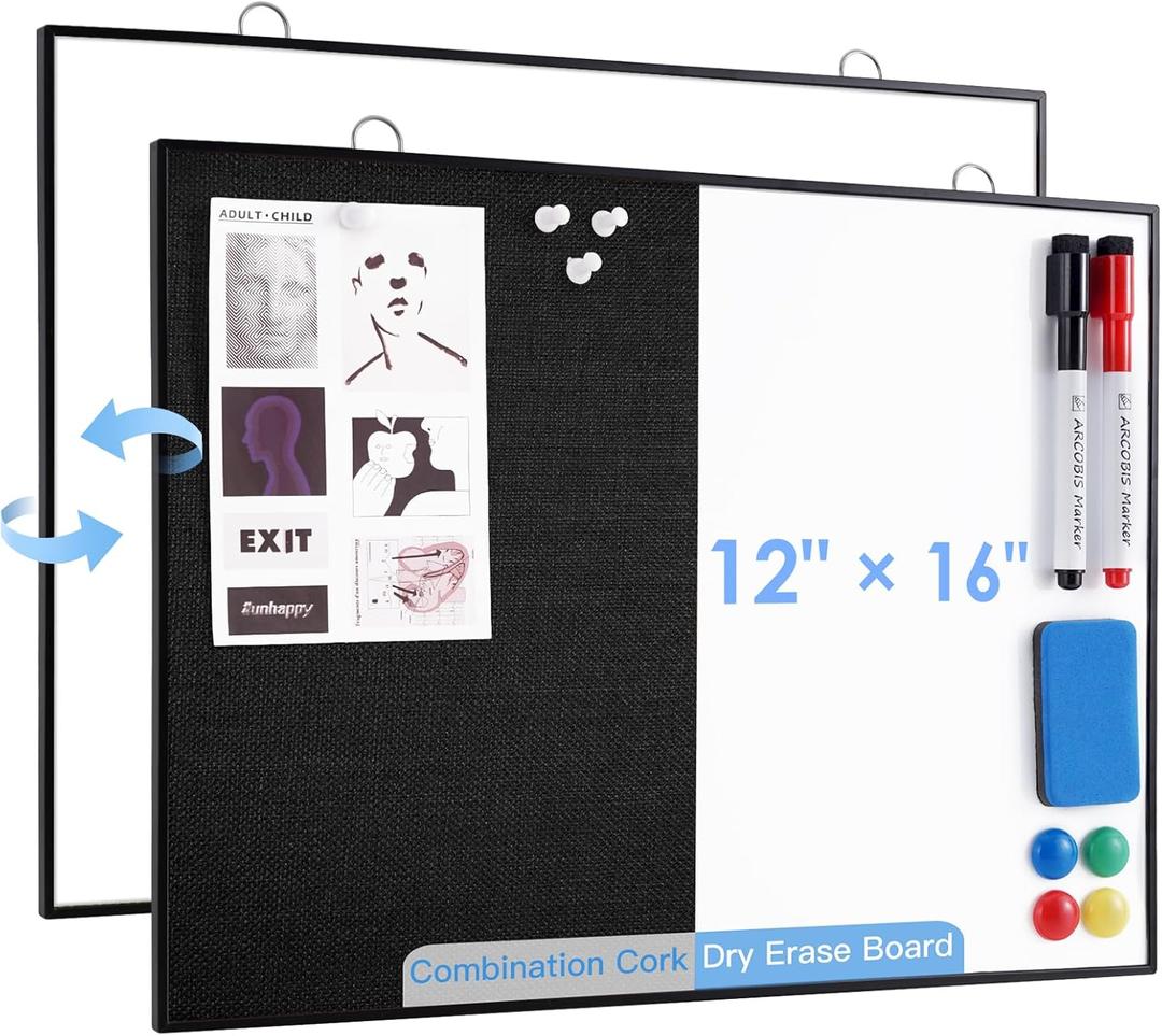ARCOBIS Dry Erase Linen Board, 12"X16" Small Cork Board White Board Combination, Double-Sided Magnetic Bulletin Board for Wall, Vision Board for Home, Office, School, Black