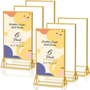8.5 x 5.5 Acrylic Sign Holder with Gold Frame, Double Sided Display Stand Ideal for Display Wedding Table Numbers, Picture, Flyer Menu Holder, 6 Packs