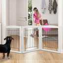 ZJSF Freestanding Foldable Dog Gate for House Extra Wide Wooden Grey Puppy Gate Stairs Dog Gates Doorways Tall Pet Gate 24" Height 3 Panels Pet Fence (Gray)