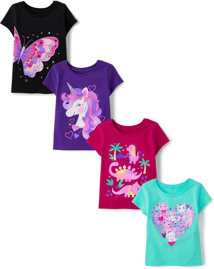 The Children's Place Baby Girls' and Toddler Unicorns,Butterflies,Trends Short Sleeve Graphic T-Shirts,4 Pack, 3 Years