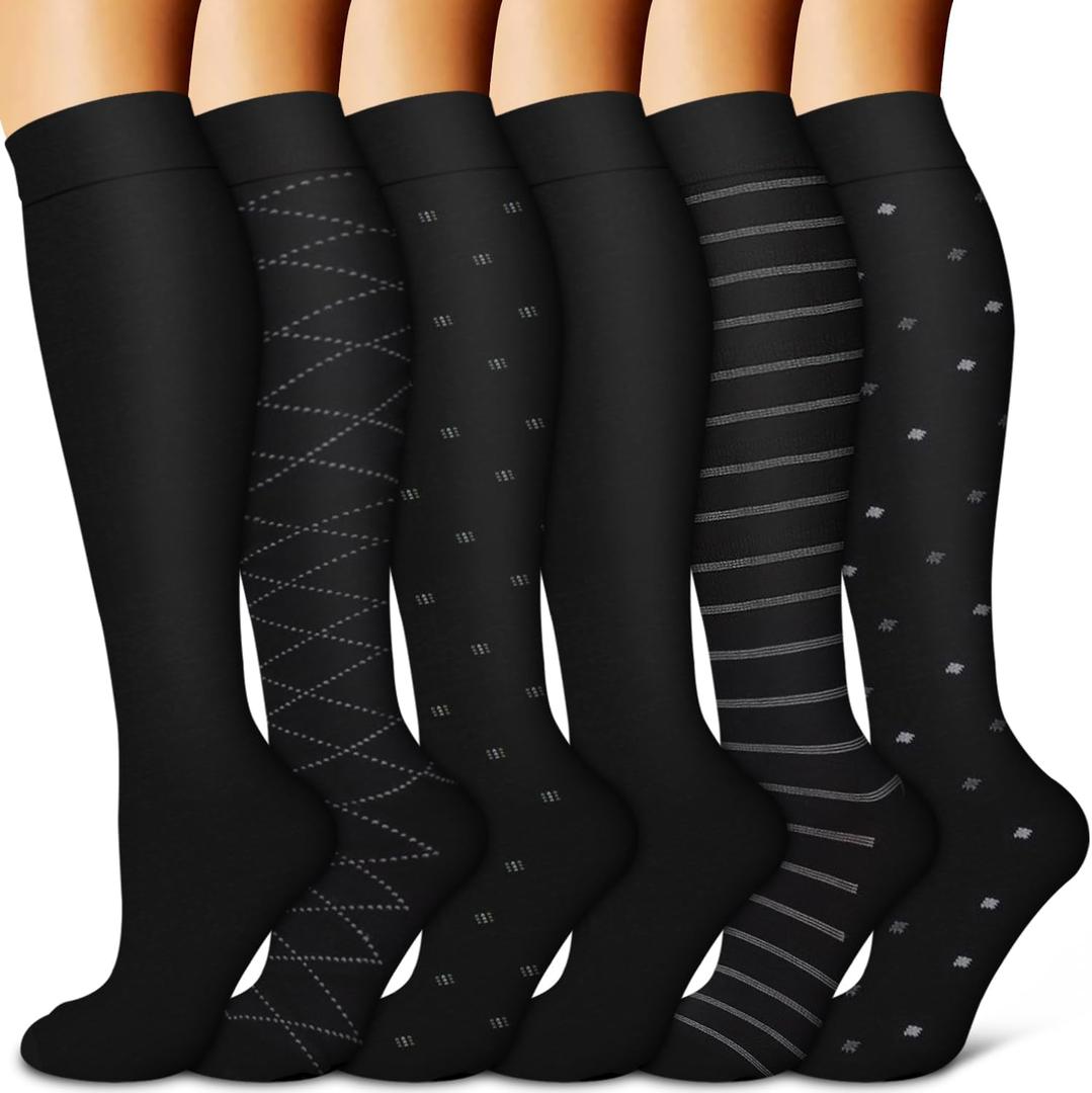BLUEENJOY Copper Compression Socks for Women & Men (6 pairs) - Best Support for Nurses, Running, Hiking, Recovery (Small-Medium, 01 Black Stripe)