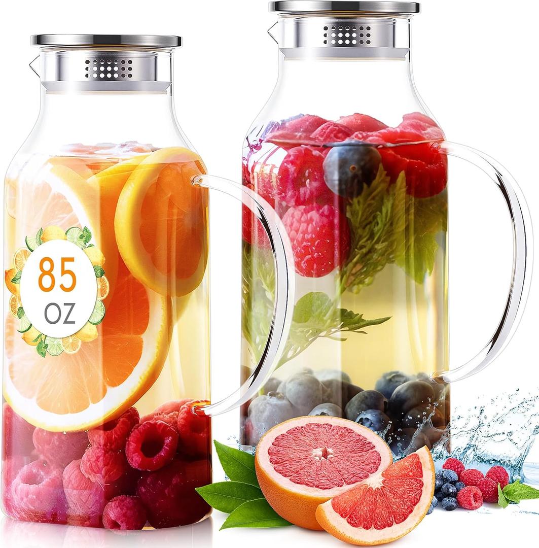 Honeydak 2 Pack 2.5 L/ 85 oz Glass Pitchers with Lids and Handles for Fridge Clear Iced Tea Pitchers with Spout Borosilicate Carafe Jars Large Jugs for Hot Cold Drink Tea Coffee Juice Beverage