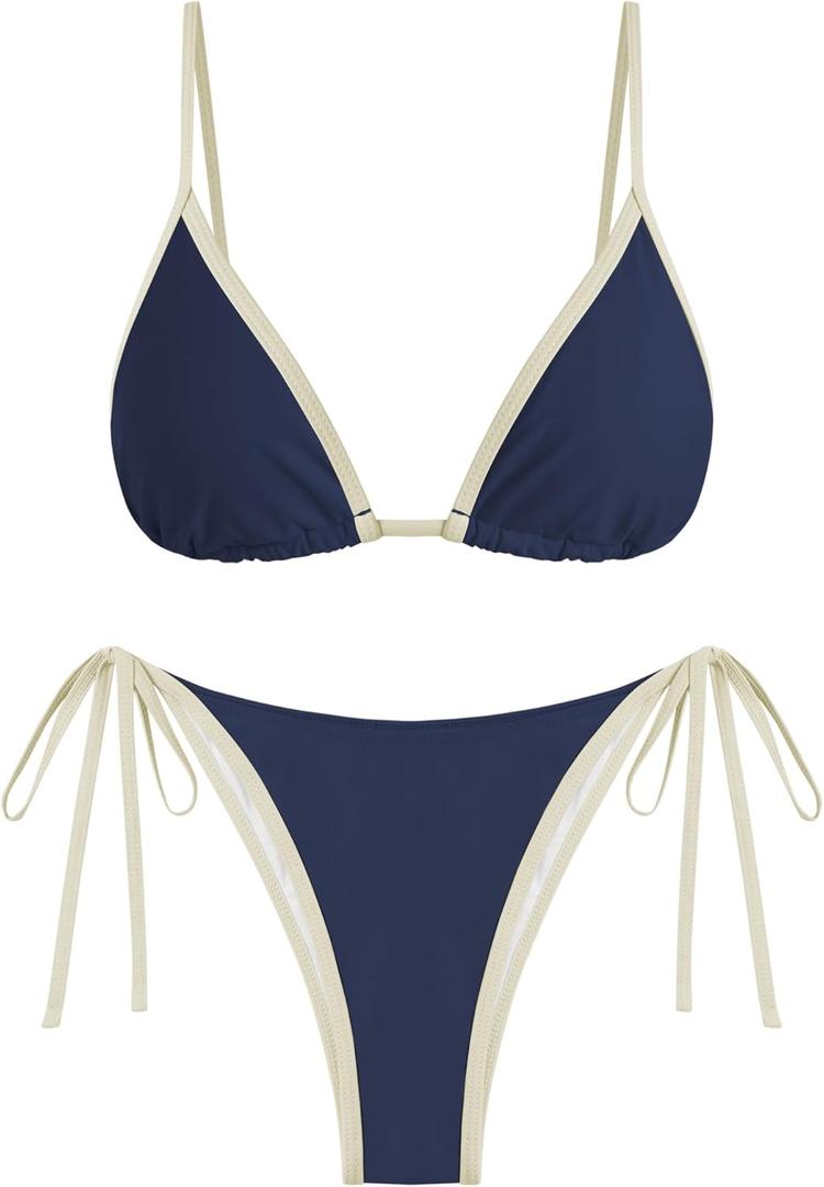 ZAFUL Womens Triangle Color Block Bikini Set 2 Piece Bathing Suits String Swimsuit Cheeky Thong Bottom Beach Resort Swimwear (Blue, S)