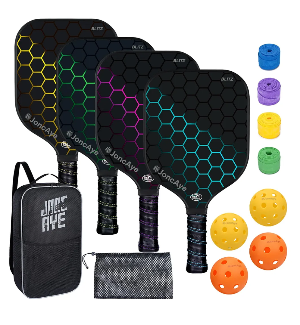Pickleball-Paddles-Set of 4 or 2 Rackets by JoncAye, USAPA Approved Pickle-Ball Equipment with Balls, Bag, Accessories, Fiberglass Graphite Pickleball Racquet Set for Men, Women, Kids, Adults