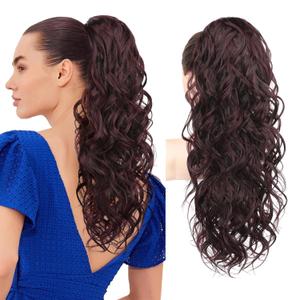 REECHO Ponytail Extension, 24" Claw Clip Ponytail Extension Wavy Ponytails Hair Extensions Jaw Clip on Pony Tails Natural Synthetic Hairpiece for Women Daily, Burgundy