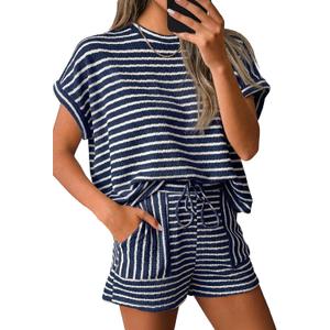 Tankaneo Womens Striped Summer 2 Piece Short Sets Short Sleeve T Shirts Drawstring Shorts Casual Outfits Lounge Pajama Sets XL