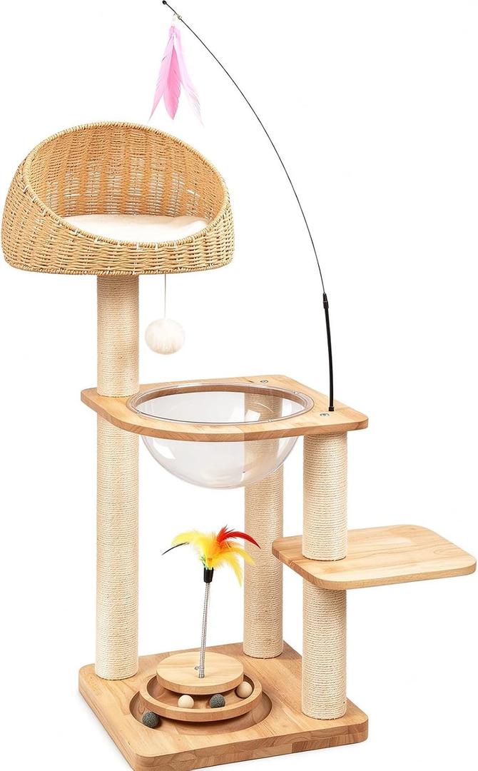 Solid Wood Cat Tree for Large Cats Modern Cat Tower with Feather Toy & Track Balls, Indoor Multi-Level Cat Tower with Space Capsule, Woven Rattan Bed, Scratching Posts, Aesthetic Cat Furniture, 18"L x 15"W x 19"H