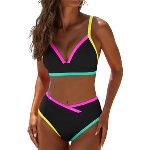 popvil High Waisted Bikini Sets for Women Neon Two Piece Swimsuit Sexy High Cut 2026 Bathing Suit (Medium, Black)