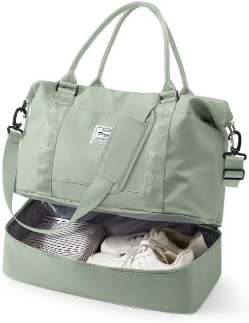 Spirit Travel Duffel - 18x14x8 Inches Weekender Overnight Bag with Shoes Compartment, Trolley Sleeve, Carry On for Airplanes, Sport Tote Gym Bag in BeigeGreen (Large)