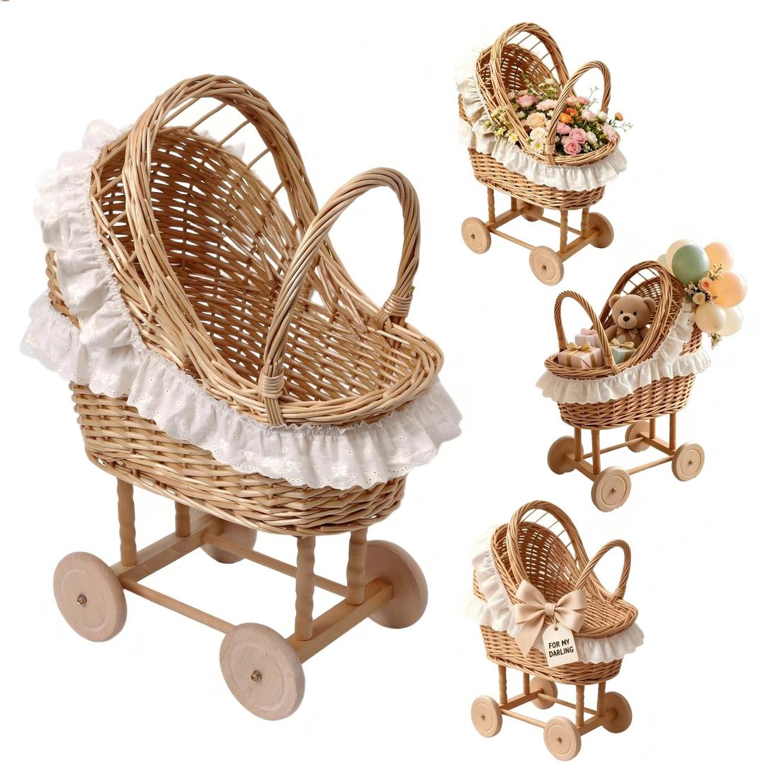 Vintage Wicker Baby Carriage Centerpiece with White Lace Trim