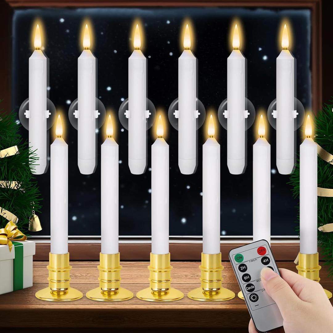 Verdenu Christmas Candles, 12 PCS Battery Operated Flameless LED Window Lights with Remote & Timer, 3D Flickering Taper Candle for Wedding Party Decorations