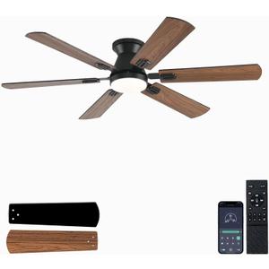 KNUN 56 inch Ceiling Fans with Lights,Brown Flush Mount Ceiling fan with Light and Remote/APP Control, 3CCT, Dimmable, Noiseless, Low Profile Ceiling Fan for Bedroom, Patio, Indoor/Outdoor Use