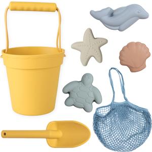 BLUE GINKGO Silicone Beach Toys - Modern Baby | Travel Friendly Toys Set | Silicone Bucket, Shovel, 4 Sand Molds, Beach Bag | Sand Toys for Toddlers, Kids - Yellow