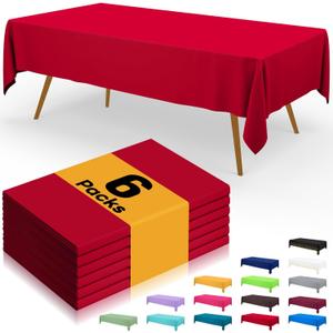 Smiry Disposable Table Cloth - 6 Pack, 54 x 108 Inch Waterproof Rectangle Tablecloths for Parties, Decorative Plastic Table Cover, Leakproof & Sturdy, Red