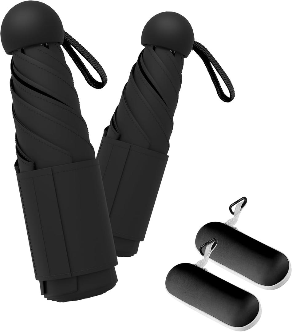 Travel Mini Umbrella Compact Small & Lightweight, UV Rain Protection, Pocket-Sized Folding Umbrellas with Quickdraw & Case for Men Women & Kids Backpack (NEW2-Pack Black)