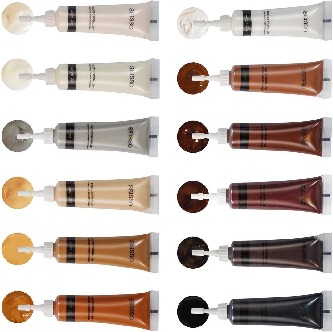 SEISSO Wood Repair Kit Touch up Paint Restore Any Wooden Furniture Stain, 12 Colors Cover Surface Scratch for Wooden Floor Table, Filler Furniture Paint Oak, Cabinet, Door, Veneer, Walnut