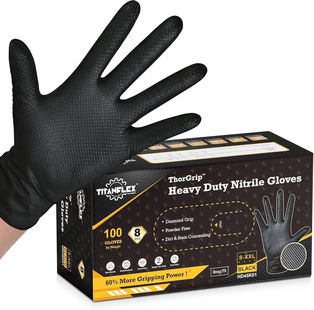 TitanFlex Heavy Duty Black Industrial Nitrile Gloves with Raised Diamond Texture, Latex Free (6mil/8mil)